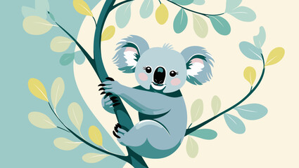 Fototapeta premium Cute koala bear climbing a tree branch with green leaves in a playful design