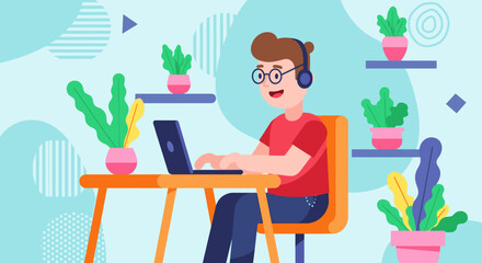 Happy man working from home on laptop, vector illustration perfect for blog, website or social media.