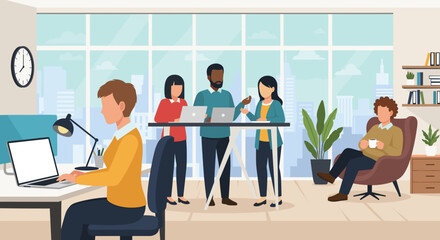 Diverse team collaborating in a modern office space, perfect for website banners or presentations.