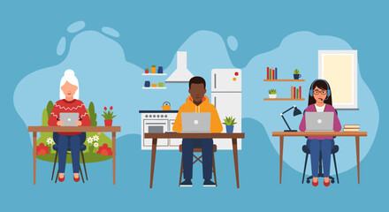 Diverse group of people working remotely from home, perfect for illustrating work from home concepts on websites or presentations.