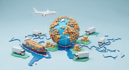 Worldwide logistics and e-commerce concept: A 3D composition featuring a globe covered in parcels, a cargo airplane, a container ship, and delivery trucks. The entire scene is rendered in a clean, sty