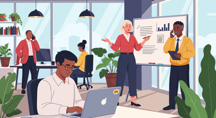 Diverse team working in a modern office, perfect for illustrating collaboration and teamwork on a company website or brochure.