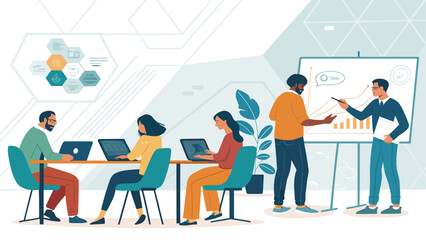 Diverse team collaborating on project, brainstorming, data analysis; ideal for website landing page or presentation.