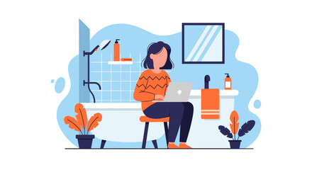 Woman working on laptop in bathroom, perfect for blog posts about work-life balance or remote work.