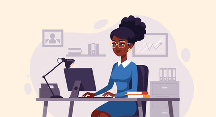 African American businesswoman working at her desk, perfect for websites, brochures, and presentations on business and success.