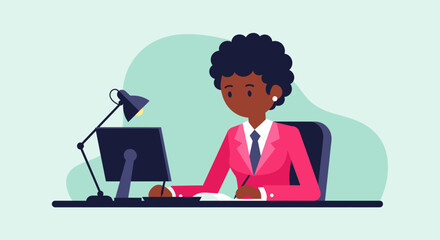 African American businesswoman working at her desk, perfect for website banners, brochures, and presentations.