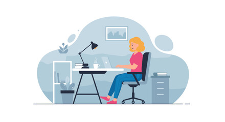 Woman working from home at her desk, perfect for remote work, freelance, or work-life balance illustrations.