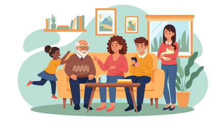 Multigenerational family relaxing at home, perfect for family, togetherness, and generational themes.