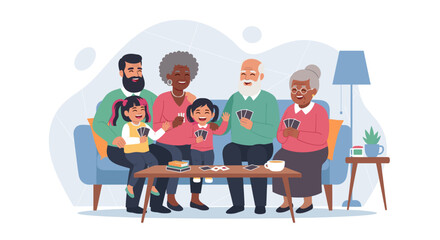 Multigenerational family playing cards together, perfect for family, togetherness, and bonding themed projects.