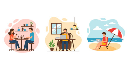 Remote Work Scenes: Cafe, Home Office, Beach - Illustration for Landing Page or Brochure