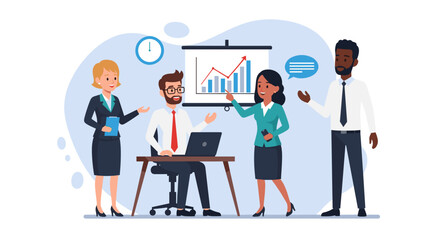 Diverse business team collaborating on project, presenting data, perfect for website banners or presentations.