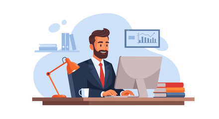 Happy businessman working on computer, perfect for website banners or business presentations.