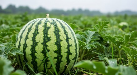 Watermelon with water droplets on vine in a green field on a foggy day fruit farm