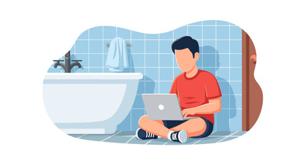 Young man working on laptop in bathroom, illustration for blog post about remote work.