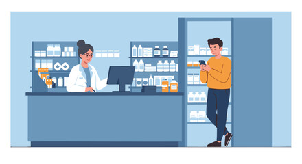 Pharmacy Pharmacist Assisting Customer Digital Healthcare Shopping
