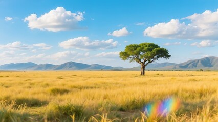 Obraz premium Lone Green Tree Standing in Golden Grassy Field with Distant Mountains and Cloudy Blue Sky