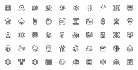 Digitalisation icon set. Tech vector collection. Includes laptop, AI, cloud, cybersecurity, smart devices, data encryption, blockchain, IoT and more. Editable linear icons.
