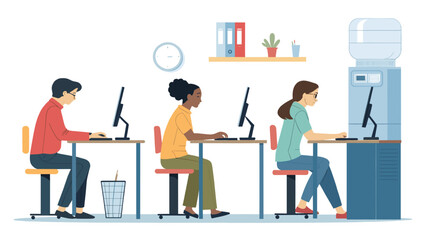Diverse team working at computers in modern office, ideal for website or brochure illustrating teamwork and collaboration.