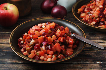 A bowl with traditional Rosolli salad, Finnish cuisine
