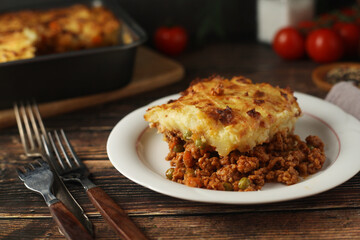 A shepherd's pie, freshly backed and ready to be served. Traditional English dish