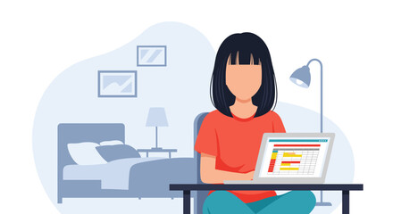 Woman working from home on laptop, spreadsheet on screen. Perfect for remote work, freelance, or productivity articles.