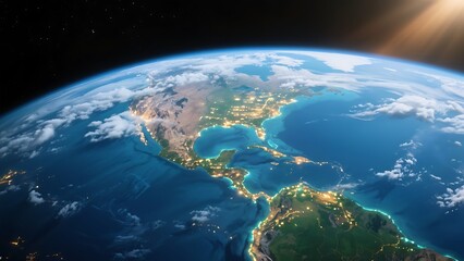 Fototapeta premium Blue Planet Earth View From Space with Sunlight and Clouds