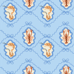 Seamless lobster and shrimp pattern with nautical elements on light blue background.