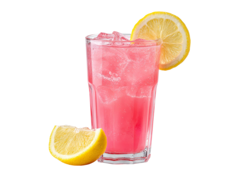 Refreshing pink lemonade beverage with ice and lemon slices drink refreshment, Isolated, Transparent Png