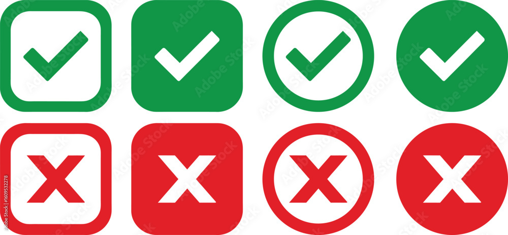 Aufkleber minimalist check and cross icons set. tick mark in green and cross mark in red color. checkmark, ico