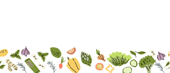 Colorful assortment of fresh italian food vegetables and herbs on a white background. Healthy mediterian food border design