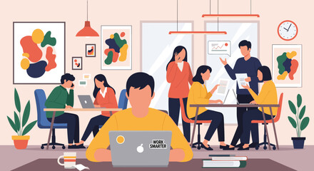 Diverse team collaborating in a modern office, perfect for illustrating teamwork and productivity in marketing materials.