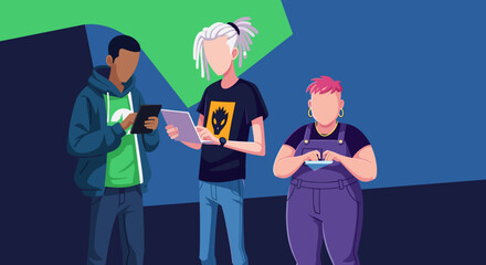 Diverse group of young adults using tablets and laptops, ideal for technology, social media, or teamwork marketing materials.