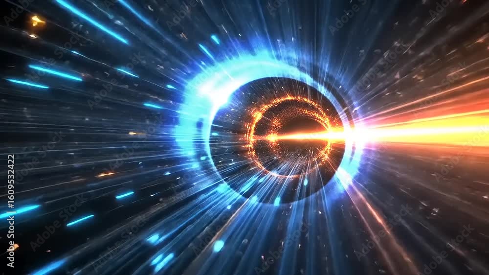 Poster abstract depiction of a cosmic vortex with light rays and particles, suggesting motion and energy