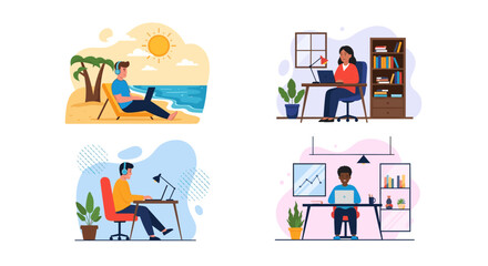 Remote Work Scenes: Diverse Professionals Working from Home and on Vacation, Ideal for Blogs and Presentations.