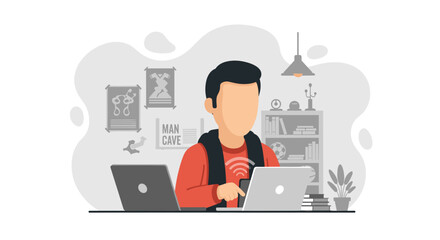 Man working on laptop in his home office, perfect for blogs about remote work, productivity, or home design.