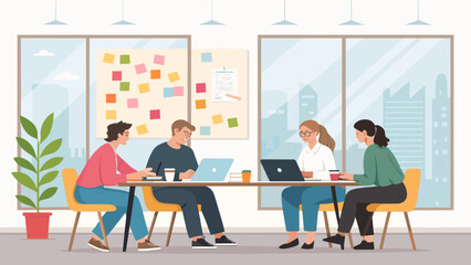 Teamwork in a modern office: Diverse colleagues collaborate on laptops, using sticky notes for brainstorming. Perfect for business presentations and website banners.