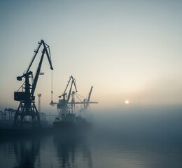 Obraz premium Silhouetted cranes and structures at a misty harbor during sunrise, calm water.