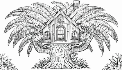 Charming line art of a treehouse nestled in lush palm fronds for coloring
