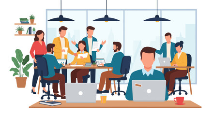 Diverse team collaborating in a modern office, ideal for websites and presentations about teamwork.