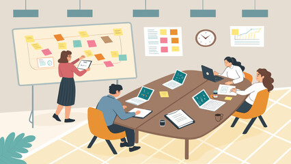 Team brainstorming session around a table, using sticky notes and laptops. Ideal for project management or teamwork articles.