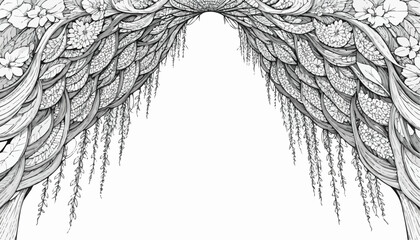 Intricate line art of a decorative archway surrounded by flowers and leaves for coloring