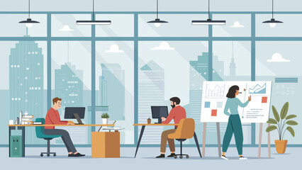 Modern office workspace with diverse team collaborating, ideal for business presentations and website banners.