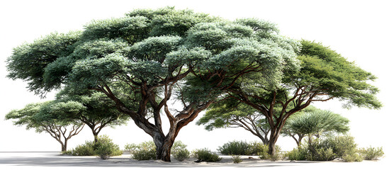 Isolated African Acacia trees with dense green foliage on a white background arranged in a linear composition for graphic design use