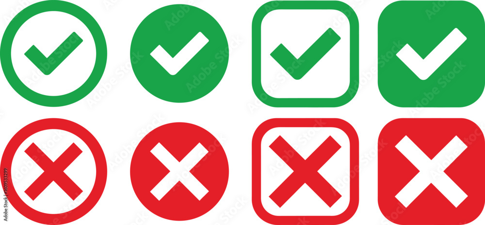 Aufkleber check and cross icon set. check mark and cross sign icon vector.