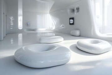 White, modern, minimalist interior with smooth, rounded seating.