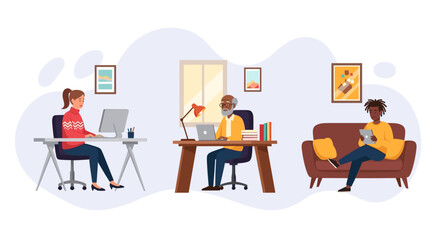 Diverse group of people working remotely from home, perfect for illustrating work from home concepts.