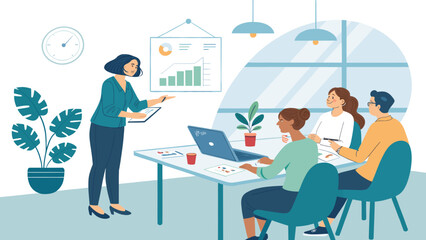 Business team meeting, presentation, data analysis, modern office, teamwork, collaboration, strategy session. Ideal for websites, brochures, and presentations.