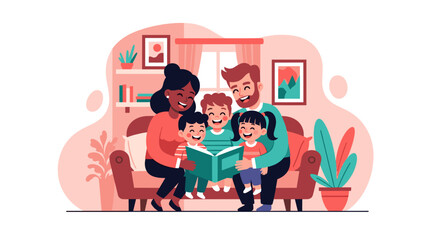 Happy family reading a book together at home. Perfect for family blogs, websites, and children's book illustrations.