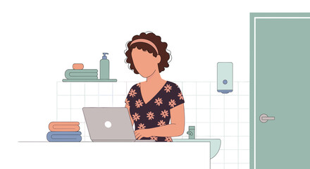 Woman working on laptop in bathroom, perfect for articles on work-life balance or remote work.