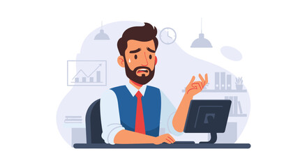 Worried businessman at his desk, perfect for illustrating stress, deadlines, or workplace anxiety in presentations or blog posts.